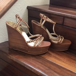 Tan, gold studded wedges.